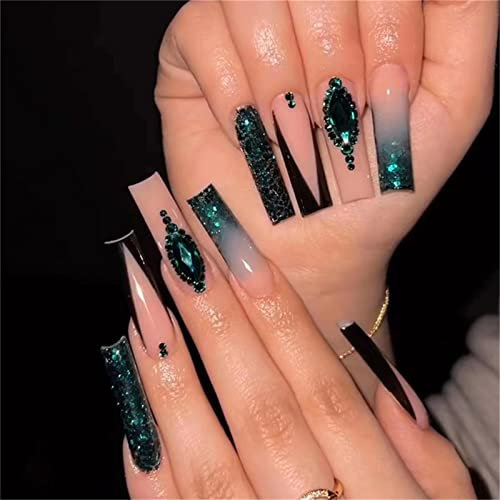 24pcs Green Gem Sparkly Fake Nail Coffin Long French Press on Nails with Glue for Women and Girls Nail Art Manicure Decoration