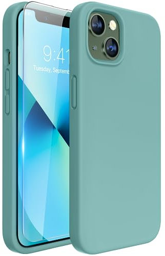 Miracase Designed for iPhone 13 Case with Screen Protector, [Soft Anti-Scratch Microfiber Lining], Shockproof Liquid Silicone Rubber Phone Case Cover for 13 6.1 inch(Midnight Green)