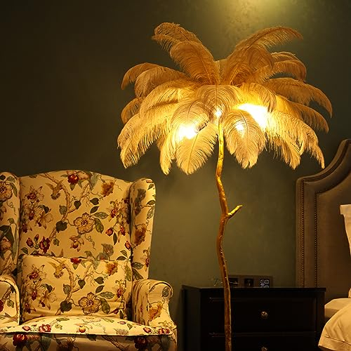 KISFWIU Stehlampe, Straußenfederlampe mit 35 Federn, Goldener Lampenmast aus Harz, große Stehlampe, geeignet für Schlafzimmer und Wohnzimmer, 170 x 110 cm(camel)