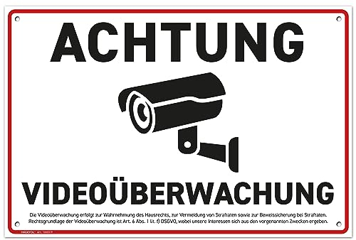 HAGEFOL® Achtung Videoüberwachung Schild (30x20 cm - groß) mit 4 Böhrlöchern, inkl. DSGVO Rechtshinweis, für Videoüberwachung aussen, Überwachungskamera oder Kamera Atrappe außen