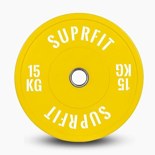 SUPRFIT – Hantelscheiben gummiert 15kg Gelb – Premium Fitness Bumper Plates – Stoßabsorbierende Gewichtsscheiben aus Vollgummigranulat – Hantelscheiben Ø 50mm für Langhantel Training