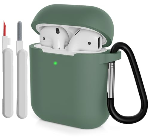 KOKOKA Custodia in Silicone Compatibile per AirPods 2 con Kit di Pulizia, Case Cover Protettiva in Premium Silicone per Airpods Seconda Generazione 2019 con Moschettone, Deep Green