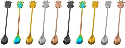 jojofuny 2sets Large Novelty Dessert Spoons Set Stainless Steel Cow Handle Multi-Color 5pcs*2