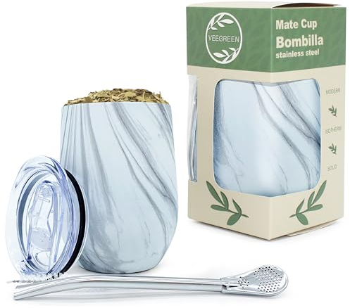 Set Tasse Yerba Maté | Argentinien | Kalebasse + Bombilla Strohhalm + Deckel | ideale Trinkflasche zum Trinken am heißen Maté | (Marmor-Effekt)