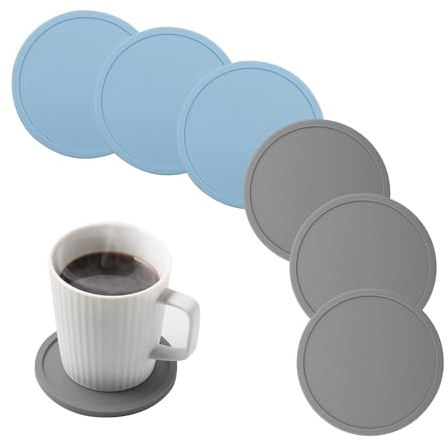 Lot de 6 dessous de verre isolés en silicone, sous-verres ronds simples, adaptés pour café, chopes à bière, verres à vin, bouteilles à la maison et au bar (gris et bleu)