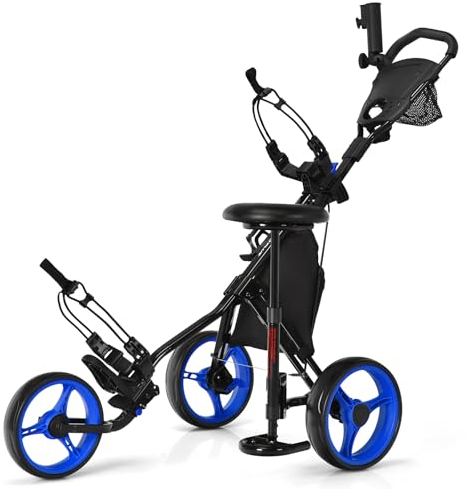 COSTWAY 3 Wheel Golf Push Pull Cart, Lightweight Foldable Golf Trolley with Adjustable Height Handle, Umbrella Stand, Cup Holder and Foot Brake (132 x 75 x 116cm, Blue, with Detachable Stool)