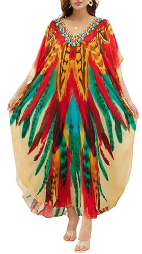Bsubseach Caftans for Women Colored Feathers Printed Caftan Dresses Plus Size Loungewear Maxi Beach Cover Up