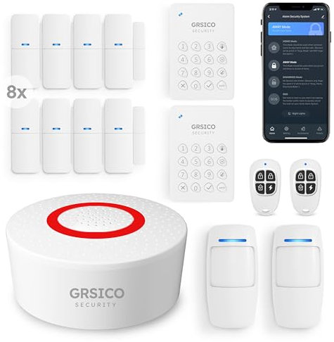 GRSICO Sistema di allarme domestico senza fili, kit da 15 pezzi, sistema di allarme WiFi per la sicurezza domestica con allarme APP per telefono (sirena di allarme, tastiera, telecomando, movimento e