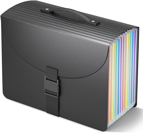 File Organiser Box with 13 Pockets, Document Folder, Paperwork Organiser, A4 Filing Folders, Concertina File Expanding, 2 x Tabs