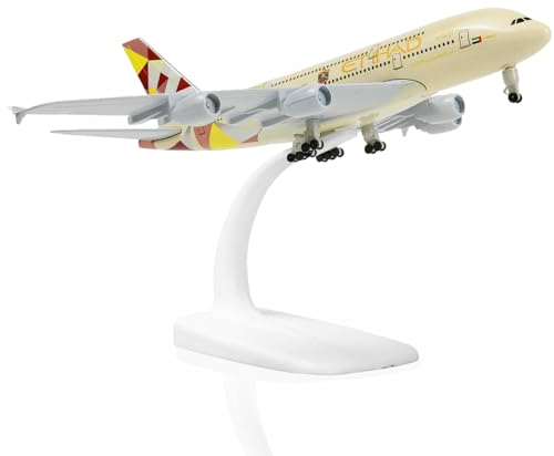 QIYUMOKE 1/300 Metallflugzeugmodell für Etihad A380 für Airbus A380 Modellflugzeug mit Ständer (7.5 Zoll lang) Ausstellungsdekoration für Luftfahrtbegeisterte.