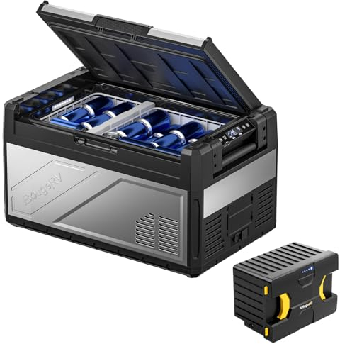 BougeRV Rocky 39L Kompressor Kühlbox Auto mit Akku Aufladbarem Solarbetrieben, Zweizonen-Temperaturregelung APP-Steuerung, Akkubetrieben Auto Kühlschrank mit Batterie 12/24V 230V für Camping Boot