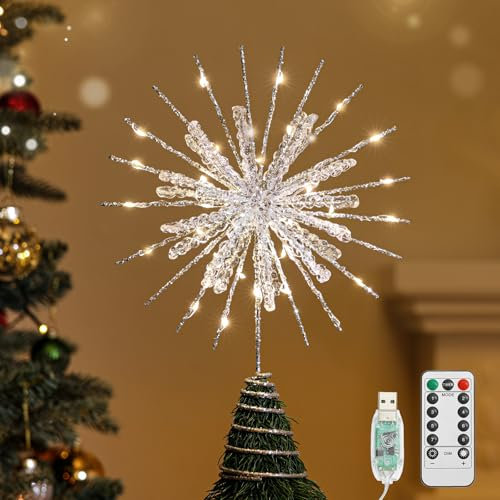 Lewondr Christmas Snowflake Tree Topper, 12.2in Xmas Tree Topper with Glittered Epoxy & 30 LED Bulbs, Remote&USB Powered Snowflake Treetop, Christmas Tree Decor for Home Party, 6H Timer&8 Modes,Silver