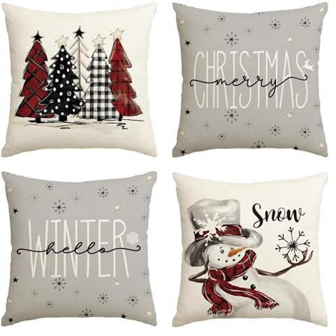 Artoid Mode Schneemann Schneeflocken Prüfen Bäume Weihnachten Kissenbezüge 4er Set, 45x45 cm Merry Christmas Zierkissenbezug Cushion Cover Couch Deko