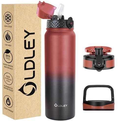 OLDLEY Stainless Steel Water Bottle with Straw 1L Vaccum Insulated Large Drink Flask Metal Water Bottles 1 Litre Leakproof Keep Drinks Hot Cold for Sports Gym with Different Lids(Red Black, 3 Lids)