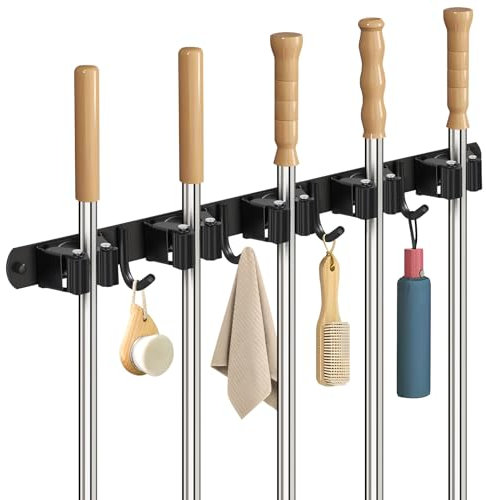 Sampoes Wall Mounted Broom Holder, Stainless Steel Broom Holder, Wall Mounted Broom Holder with 5 Places and 4 Hooks, Wall Mounted Broom Hanger for Kitchen, Bathroom, Garage, Grey