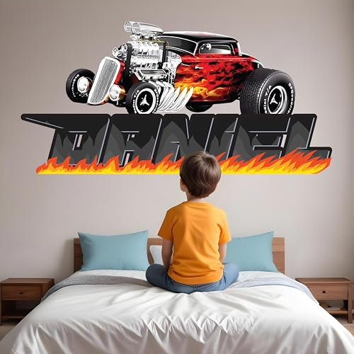 Cars Room Decor – Rennflaggen-Namens-Wandaufkleber, personalisierbare Wandkunst für Jungen, Baby und Kinder, individueller Namensaufkleber mit Rennwagen-Thema (Feuerwehrauto)