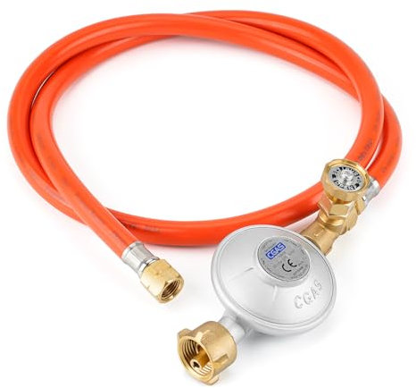 onlyfire Gasdruckregler für Gasflaschen, Ausgangsgewinde G1/4-LH, 50mbar, Gasregler Druckminderer für Camping Gasgrill, Gasdruckminderer mit Verstellbarem Schalter und Gasschlauch 120cm