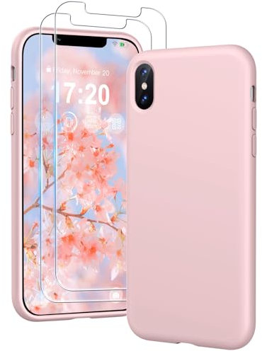PuyaTeya 3 in 1 Hülle für iPhone X/XS, mit 2 Stück 9H Panzerglas Premium Liquid Silikon Hülle, mit 4-Layer stoßfeste abriebfestes, Soft Mikrofaserfutter Kratzfes Schutzhülle für iPhone X/XS(Rose)