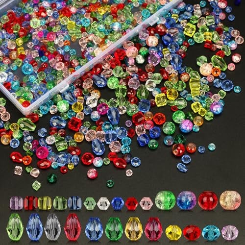 1000Pcs Crystal Glass Beads, 4/6/8 mm Glass Beads, Translucent Colored Crystal Bead, Faceted Loose Jewellery with Storage Box, for Jewelry Making, Bracelets, Necklaces, DIY Craft