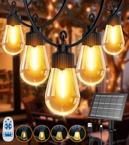 Solar Festoon Lights Outdoor,15M/50FT Solar Powered Garden String Lights with Remote, 20 Shatterproof IP65 Waterproof S14 Bulbs,Dimmable,4 Modes Outside Lights for Gazebo Graden Backyard