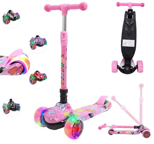 Kinderroller mit LED Leuchträdern, Klappbar Tretroller 3-12 Jahre, Höhenverstellbar Scooter für Mädchen & Jungen, Roller Kinder mit Rutschfesten Griffen & Hinterradbremse, Rosa Kunst Design