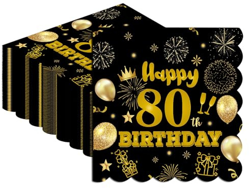 Servietten 80. geburtstag, 40 Stück Schwarze Gold Geburtstags Scalloped Servietten 2-Lagig Papierservietten für Hochzeit Jahrestag Empfang Veranstaltung Dekorationen