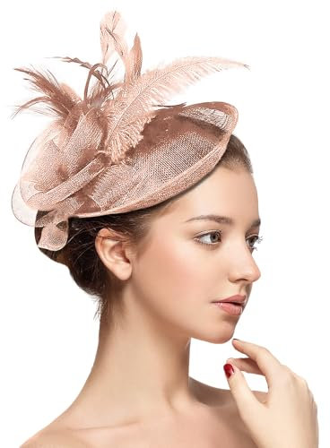 Dusky Pink Fascinators for Weddings Women, Feather Flower Mesh Fascinator Hat Headband with Hair Clip Bride Ladies Guests Hat for Party Church Cocktail Evening Prom (UK, Alpha, One Size, Dusky Pink)
