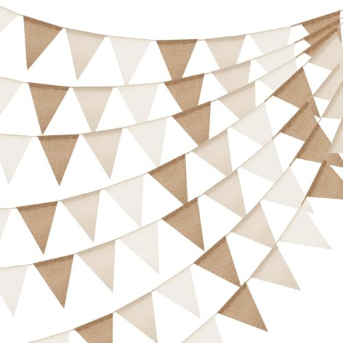 jijAcraft Wimpelkette Outdoor Beige Braun: Girlande Wetterfest 20M für Garten Wiederverwendbar Jute Wimpelgirlande mit 60 Stück Wimpel für Camping 5 Stück Deko Wimpelkette für Geburtstag