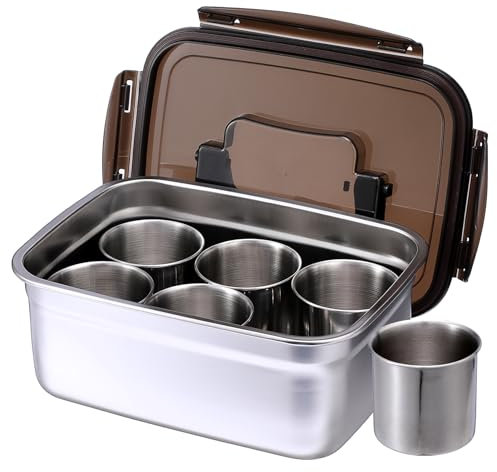 SUMNACON 1 Pc Stainless Steel Snack Tray with 6 Round Removable Compartments, Divided Food Fruit Serving Tray Snack Platter Container with Lid and Handle for Party Picnic