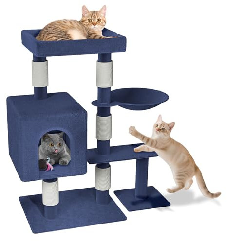 UISEBRT Kratzbaum 93 cm Hoch Katzenhaus, Mehrstöckiger Kratzstamm-Kletterturm mit Sisalpfosten, Plattformen und Katzenhöhle, Stabil Katzenkratzbaum, Katzenmöbel für Katzen (Typ D, Blaugrau)