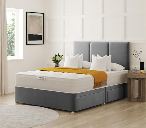 COZY HUB LTD Panel Line Plush Velvet Divan Bed with 10 Inch Ortho Tufted Mattress & Headboard – Luxury Divan Set with Drawer Storage Options. (Grey, 4Ft- 2 Drawers)