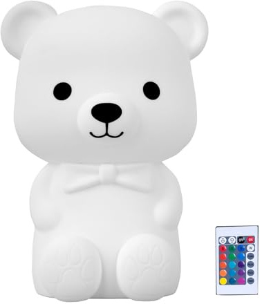 Homirty Veilleuse Ours Silicone Rechargeable avec Télécommande, Veilleuse Bébé 16 Couleurs Tactile et Dimmable avec Minuterie, Veilleuse Enfant sans Fil pour Chambre, Nursery, Adulte