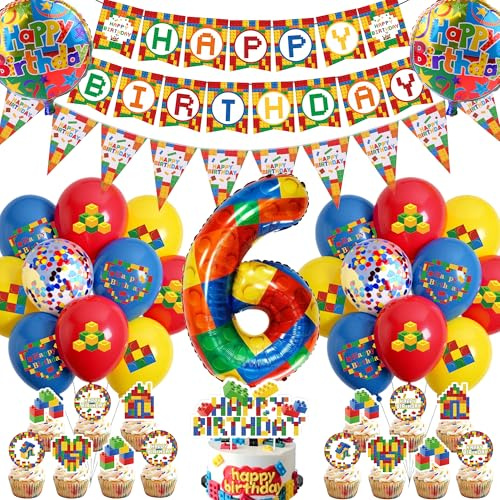 Bausteine Theme 6. Geburtstag Deko Luftballons - Happy Birthday Banner Wimpel XXL Zahl 6 Folienballon, Baustein Cupcake Deko konfetti und Latexballons für Kinder Junge Mädchen Kindergeburtstag