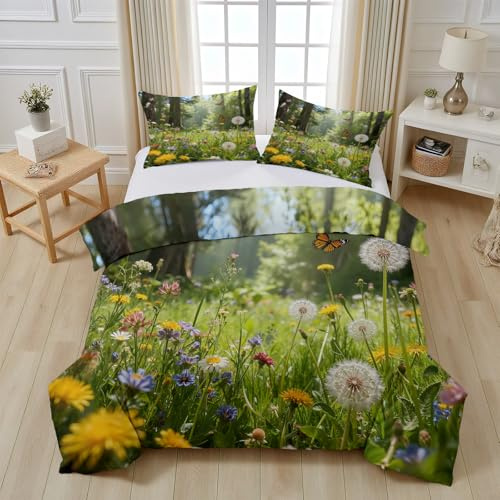 Blumenwiese Bettwäsche 135x200 cm Winter, Bunt Wildblumen Schmetterling | Bettwäsche Bügelfrei, Natur Pflanzen Floral Wendebettwäsche mit Reißverschluss und 2 Kissenbezug fur Kinder Jungen Mädchen