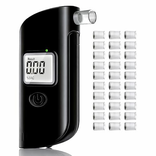 JICICUXI Alkoholtester Polizeigenau, Tragbarer Promillemessgerät, Professioneller Alkoholmessgerät mit 30 Mundstücken, Alkohol Tester mit Digitaler LCD-Anzeige für Familienfeier, Mattschwarz
