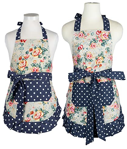 NEOVIVA 2 Pack Kitchen Aprons Set for Women and Kids, Adjustable Big Personalised Chef Bakers Cotton Apron with Pockets Wipe Clean Pinafore for Cooking Baking Gardening Grilling, Floral Quarry Bloom