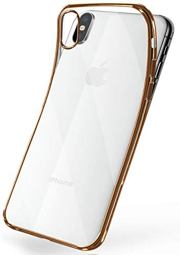 moex Transparente Silikonhülle im Chrome-Style kompatibel mit Apple iPhone X/iPhone XS | Flexibler Schutz mit Hochglanz Metallic Rahmen, Gold