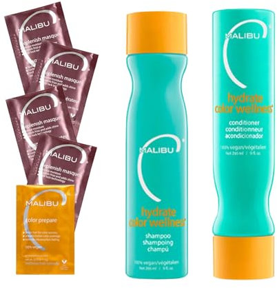 Malibu C Haarpflege-Set (Shampoo 266ml + Conditioner 266ml + Color Lock Maske 4 x 5g + Color Prepare Maske 1 x 5g), 100% VEGAN, Haarhydratisierend und Farbschutz für farbbehandeltes Haar