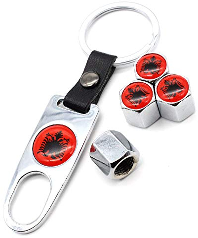 HIGGER 5 Teile/Satz diebstahlsicherung Auto Reifen Rad Ventil Vorbauten Albanien Flagge Stil Air Caps Mit Leder Schnalle Schlüssel Zink-Legierung