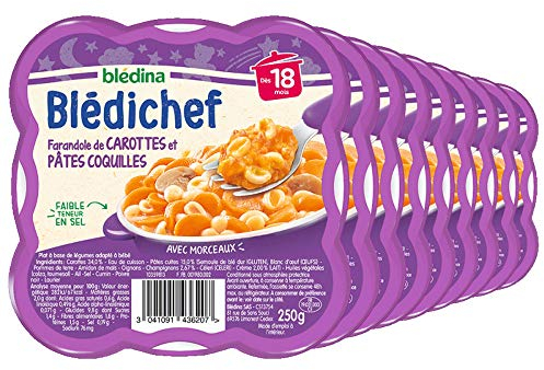Blédina - Blédichef - Repas Bébé 18 Mois - 9 Plats Carottes Pâtes Coquilles - Petits Morceaux - Faible Teneur en Sel - Dès 18 Mois - 9 Assiettes 250g