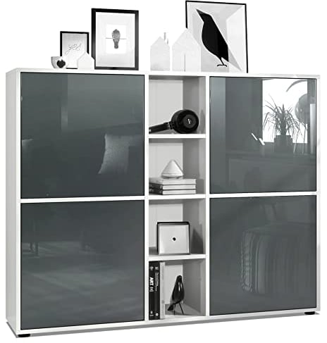 Vladon Highboard Cuba V3, Made in Germany, Weiß matt/Grau Hochglanz - Moderne Anrichte mit 12 Fächern (130,5 x 105,5 x 35,5 cm)
