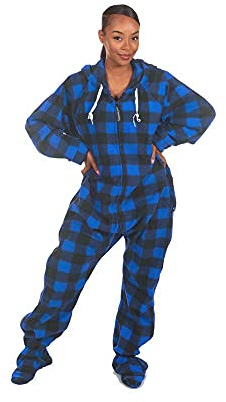 Forever Lazy Onesie à Pieds pour Adulte, Combinaison Pyjama Une pièce pour Hommes et Femmes, Unisexe. avec Pieds Amovibles., Bleu/Noir, XXL