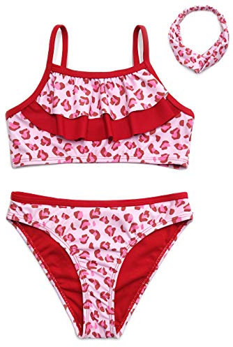 SHEKINI Ragazze Costume da Bagno con Fasce per Capelli Bikini da Spiaggia Floreale con Volant Set Bikini Leopardato Rosa Carino (Rosa, 6-8 Anni)