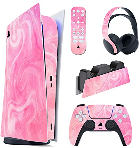 PlayVital Skin Kompatibel mit ps5 Konsole Digital Edition, Aufkleber Vinyl-Skin Schutzfolie Stickers für PS5 Konsole,Controller,Ladestation,Headset,Medienfernbedienung-Psychedelic Pink