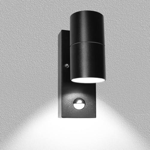 Wondlumi Outdoor Wall Lights PIR Motion Sensor, Outside Lights Mains Powered 240V IP44 Black for Porch Front Door, Incl. 1x 5W LED GU10 Bulb Cool White 6000K