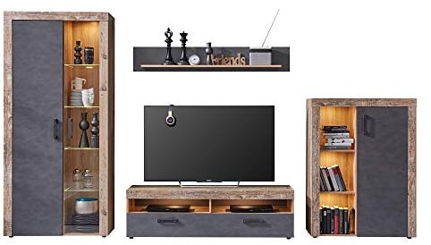 MJC 4 TLG. Anbauwand Tailor Indy Standvitrine Lowboard Stauraum LED Wohnwand