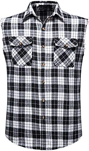 Iris Sprite Ärmelloses Kariertes Herrenhemd, Flanell, Knopfleiste, lockere Passform, mit Tasche, Plaid Black-a210, L