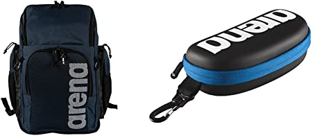 ARENA Unisex – Erwachsene Schwimm Sport Rucksack 45L Team, blau, NS & Unisex Schwimmbrillenetui, Schwarz/Weiß/Royal, Einheitsgröße