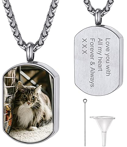 GoldChic JEWELRY Chapa Militar Colgante Cenizas Foto para Grabar con Frase, Porta Cenizas Humana Mascota Collar Cremacion Chapado en Platino