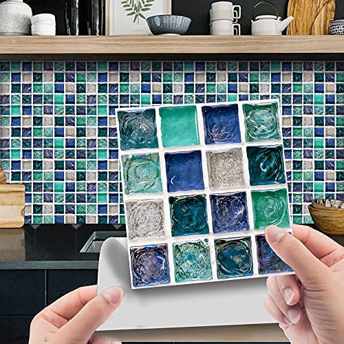 30pcs Wall Tile Stickers, Hiser Retro Mosaic Style Square Waterproof Marble Decals Sticker for Kitchen Living Room Bathroom Home Floor DIY Decor Self-Adhesive 10x10cm (green Blue)